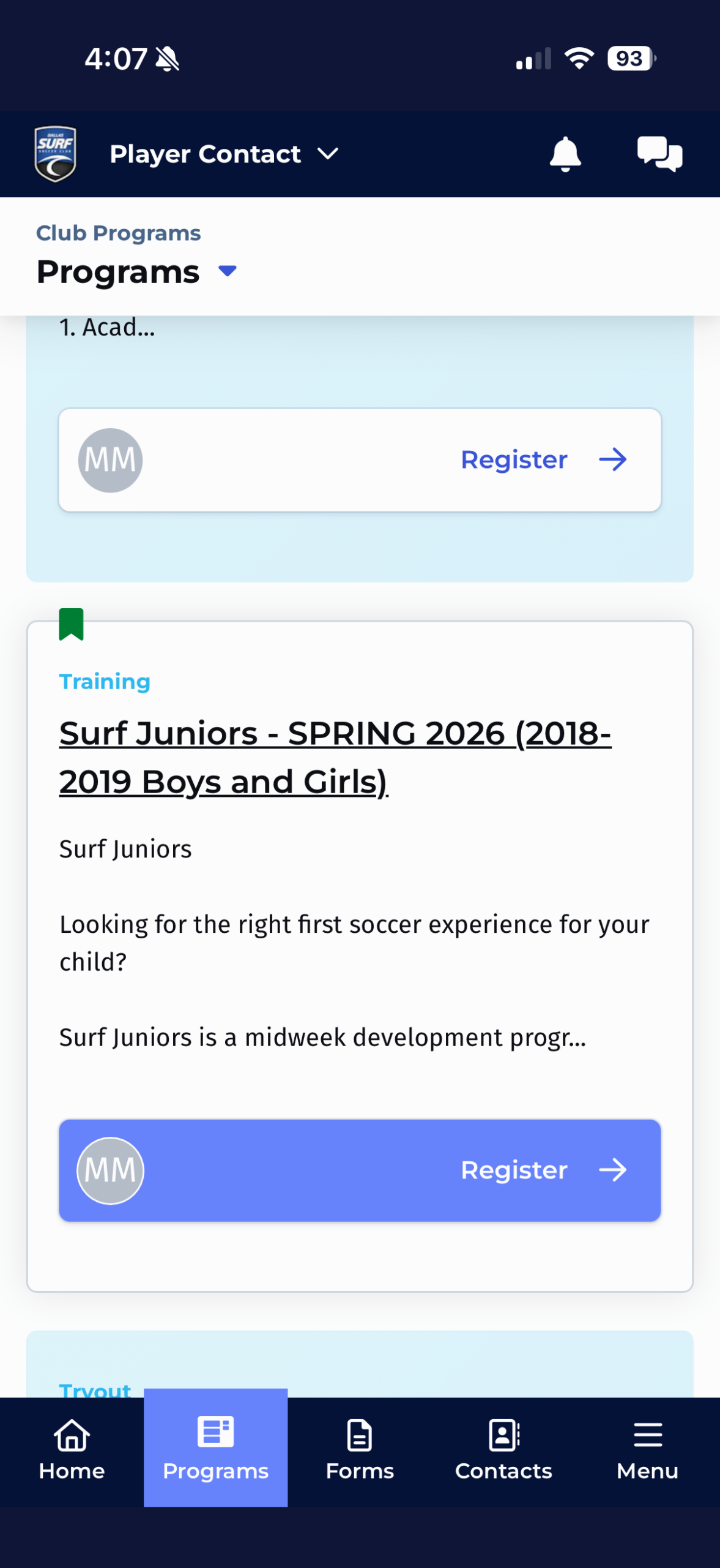 PlayMetrics app registration screen